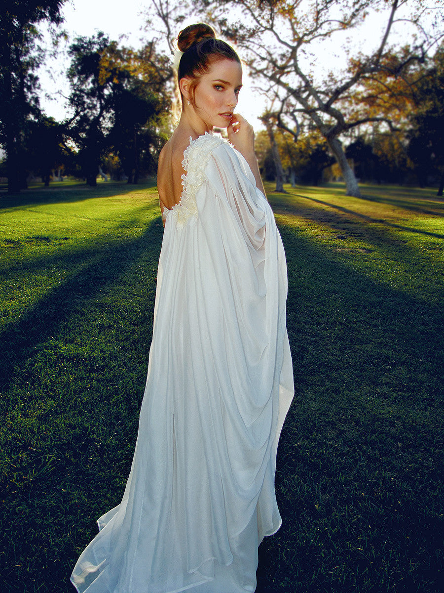 Bohemian, 1970s vintage inspired wedding gown. Ethereal grecian bridal gown.