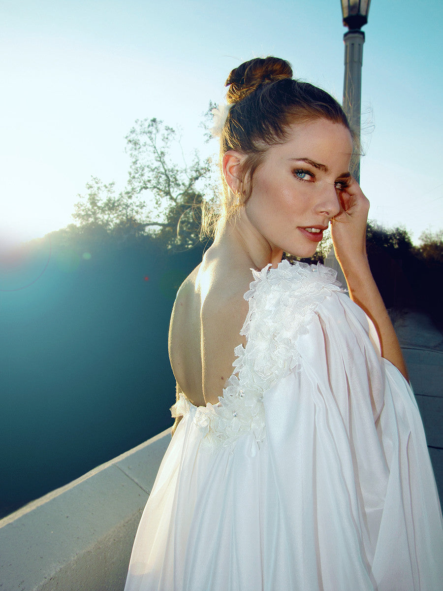 Cape wedding gown, one-shoulder draped chiffon bridal gown, Aurora by Lauren Elaine