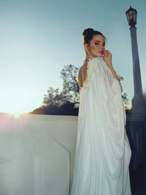 Lauren Elaine Aurora gown. 1970s vintage inspired ethereal bridal gown.