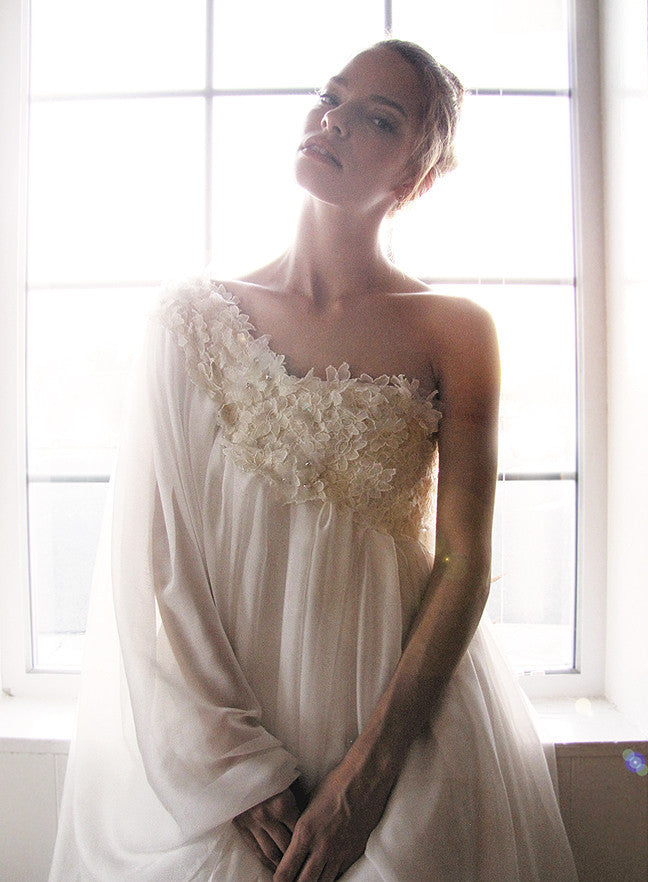 Lace embroidered one-shoulder asymmetrical bridal gown with sleeve