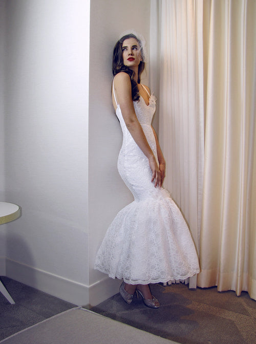 Backless tea-length retro vintage mermaid lace wedding dress.