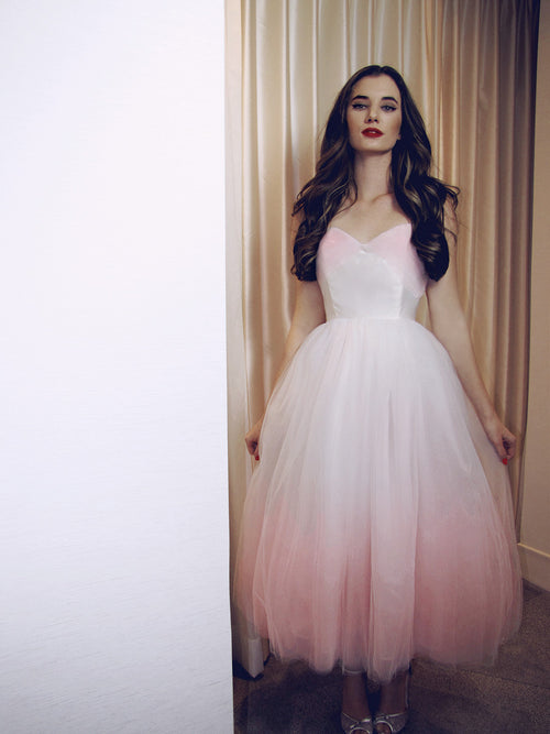 Blush ombre tulle wedding gown. Vintage inspired tea-length bridal.