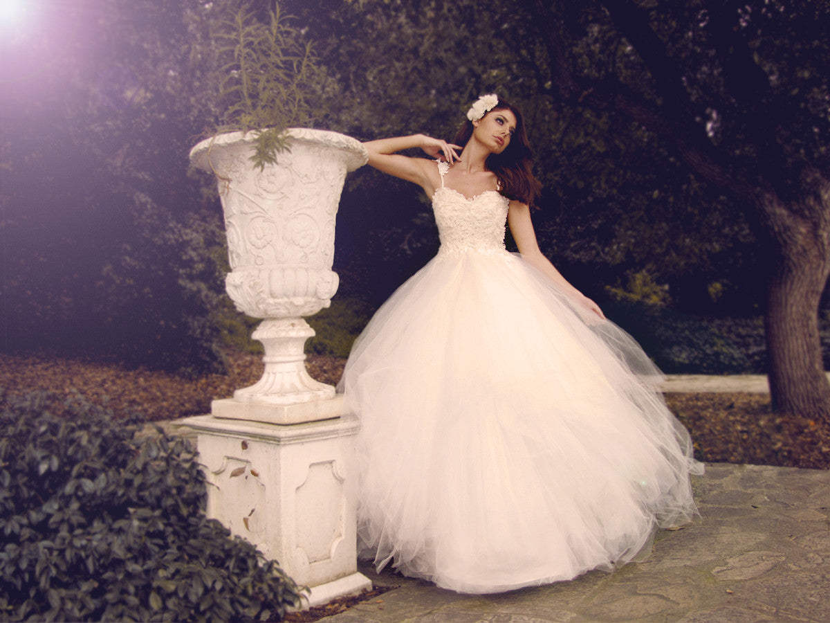 Affordable designer ball gown wedding dresses. Illusion lace & tulle bridal.