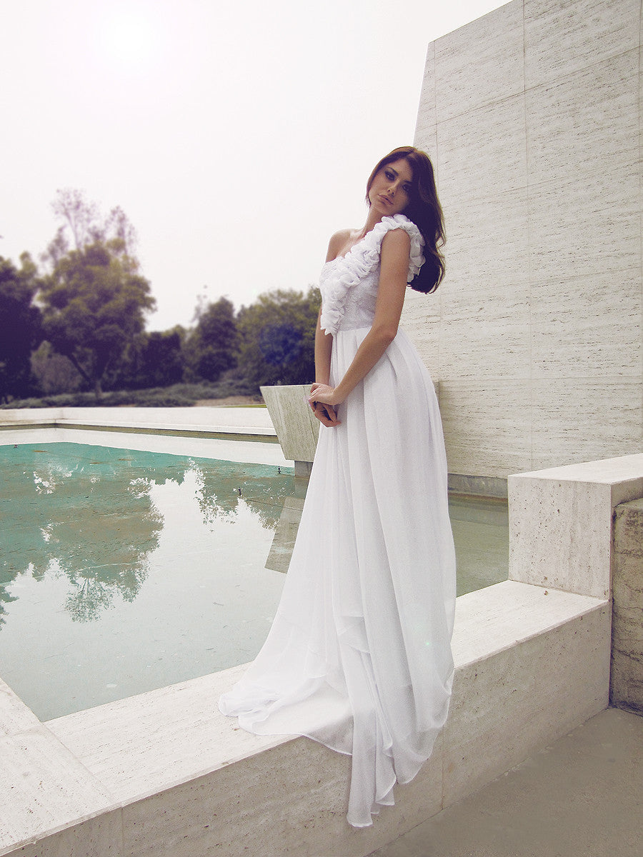 Couture bridal gowns made in Los Angeles. Lauren Elaine Bridal. One-shoulder wedding gowns.