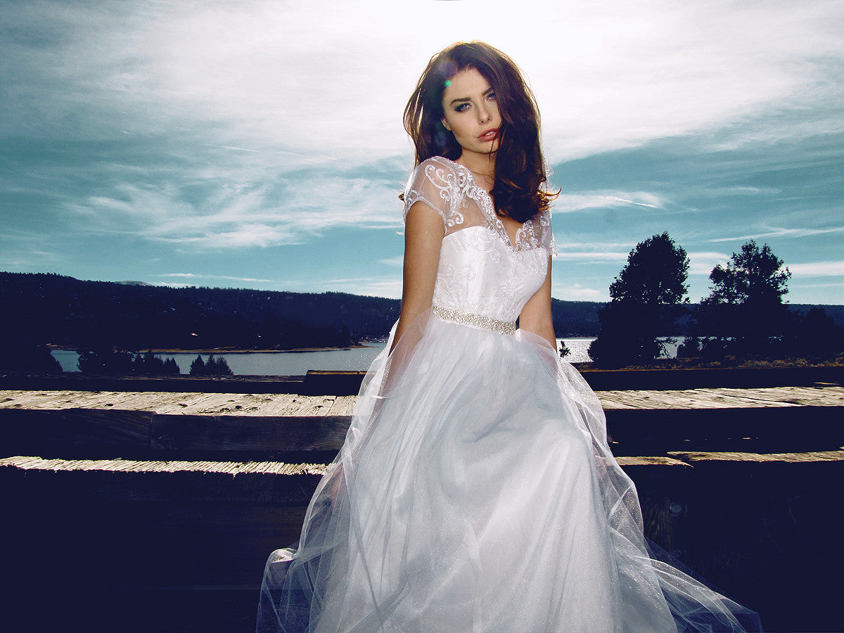 Lauren Elaine Briar Rose bridal gown with lace illusion & lace sleeves.