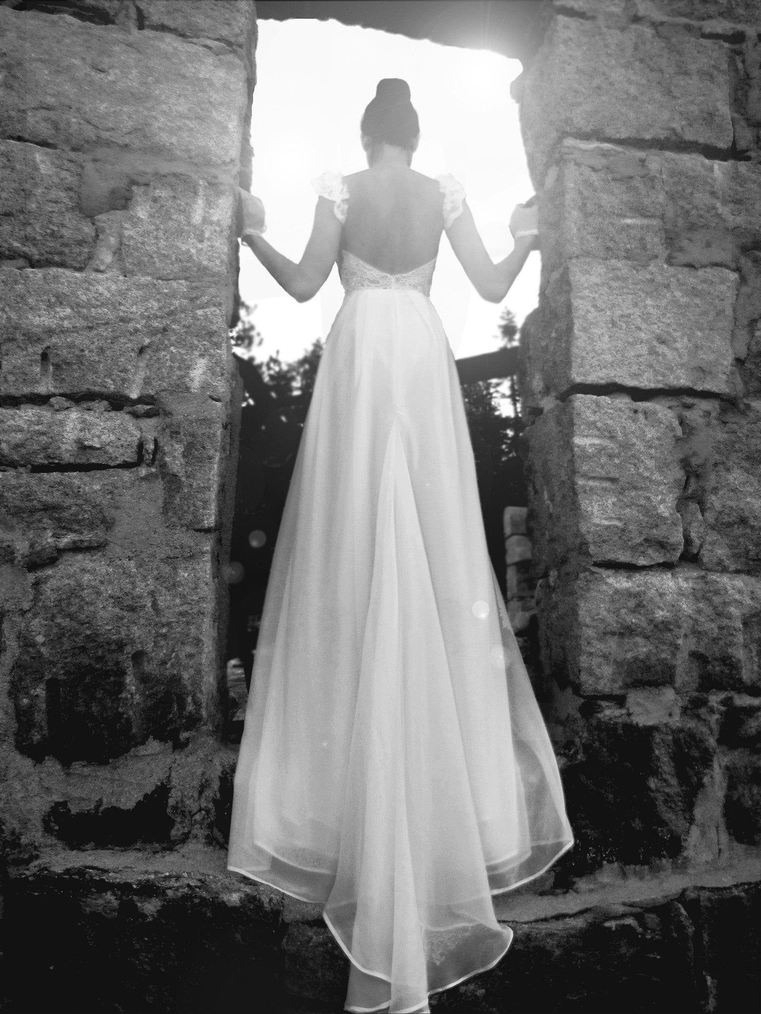 Ethereal chiffon and lace illusion backless wedding gown, Camellia by Lauren Elaine Bridal