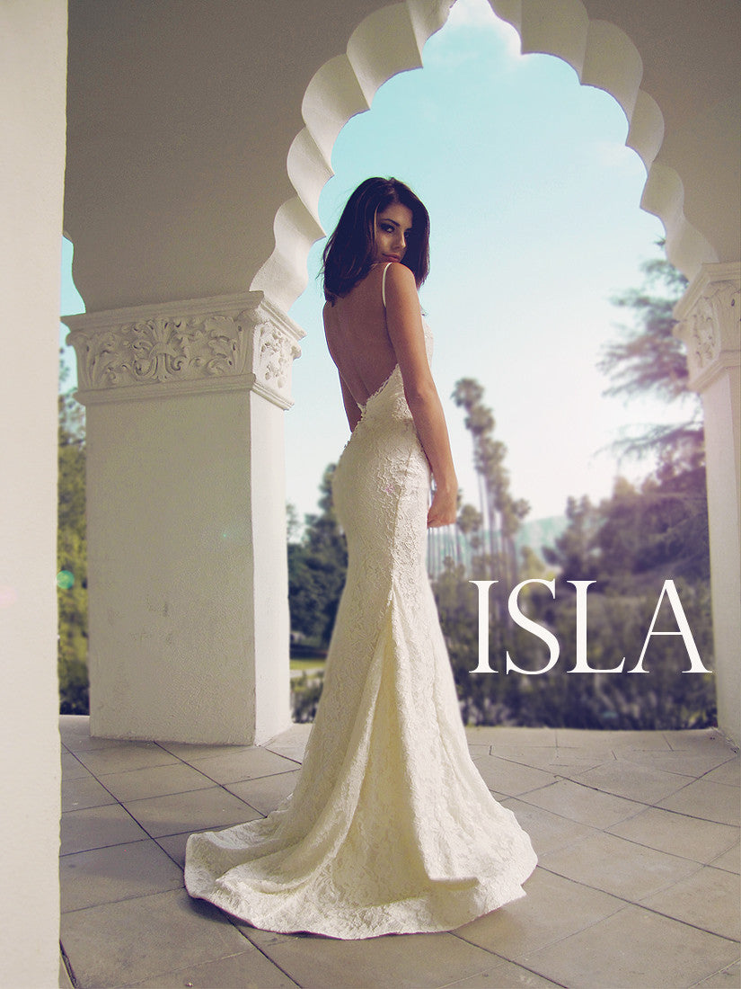 Isla wedding gown by Lauren Elaine Bridal. Backless lace trumpet wedding dress.