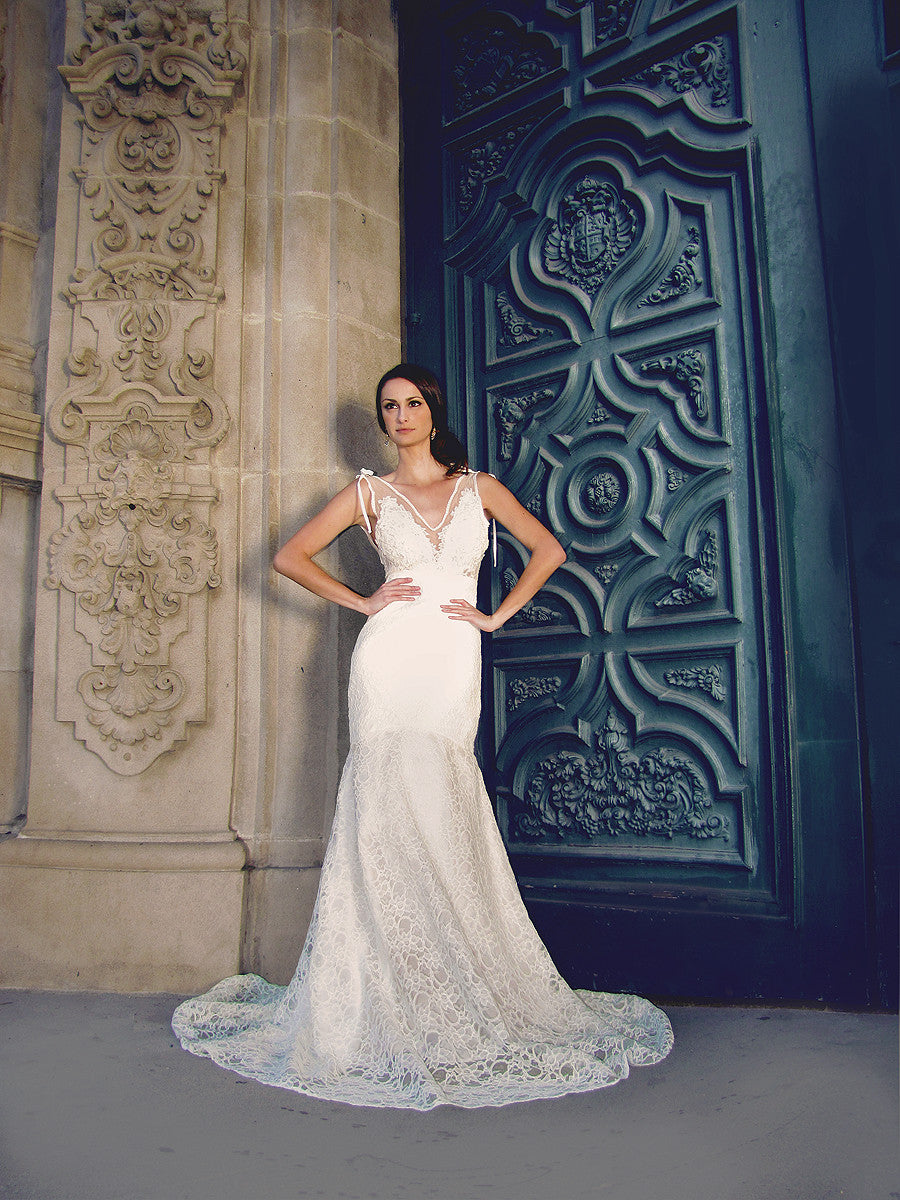 Ivy Gown by Lauren Elaine Bridal. Backless french lace illusion gown with train. Open Back wedding dress.