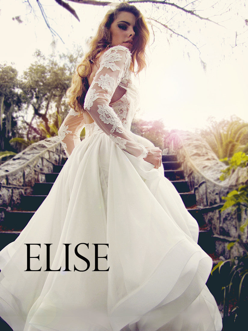 Elise gown by Lauren Elaine. Long sleeved lace wedding dress.
