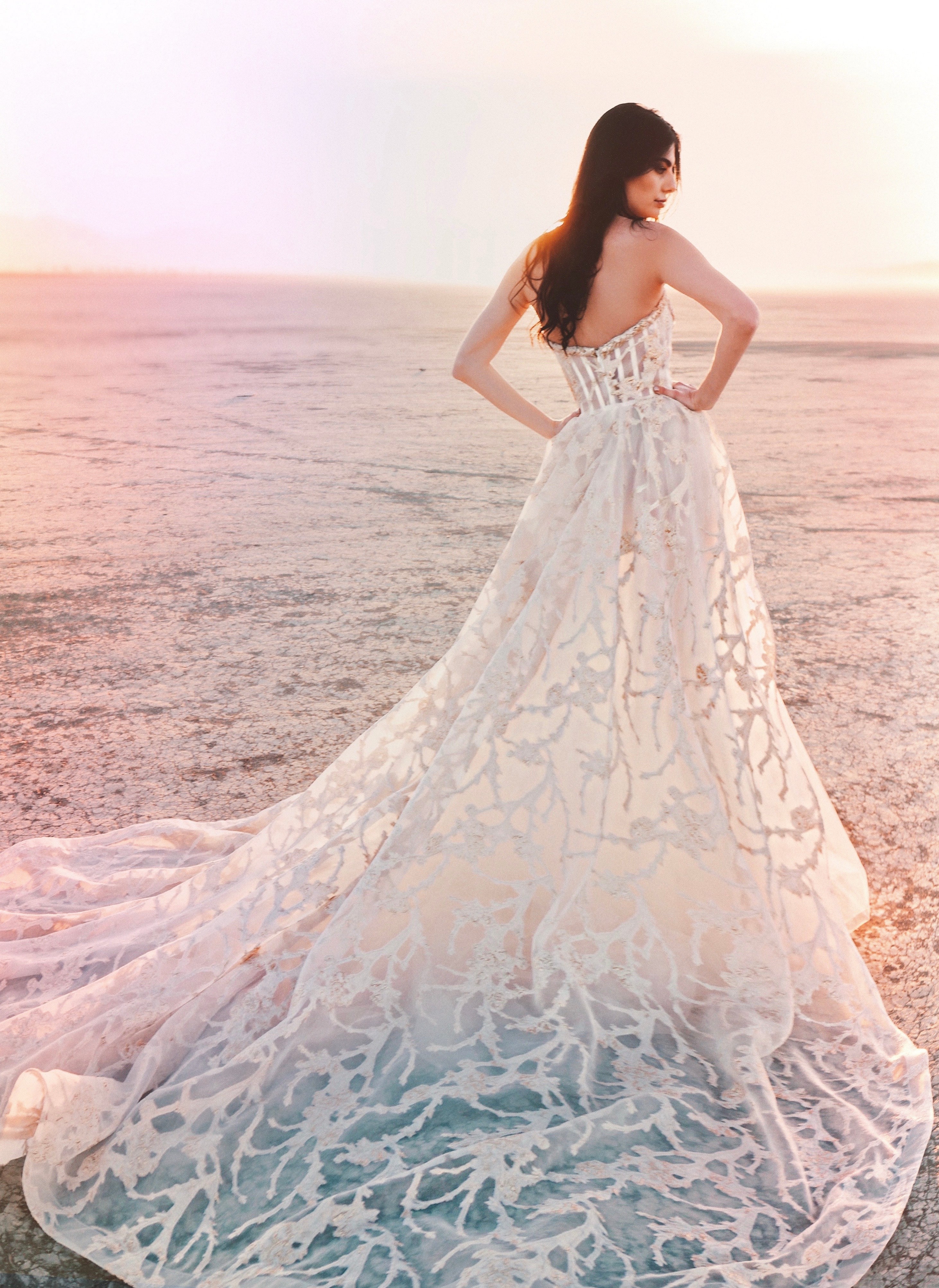 Ballgown wedding dress with long train and model has hands on hips