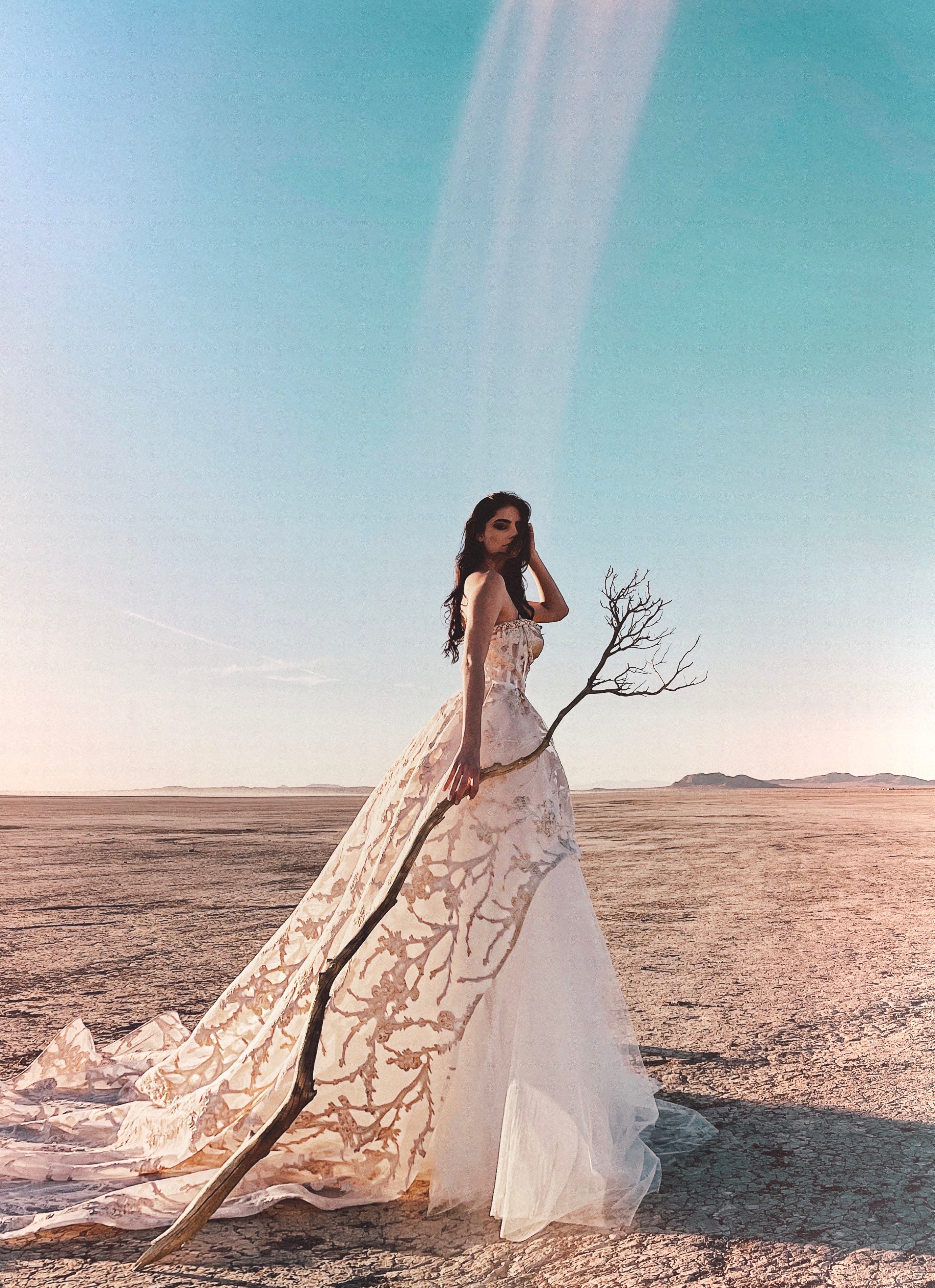Sagittarius wedding dress shot in desert holding stick