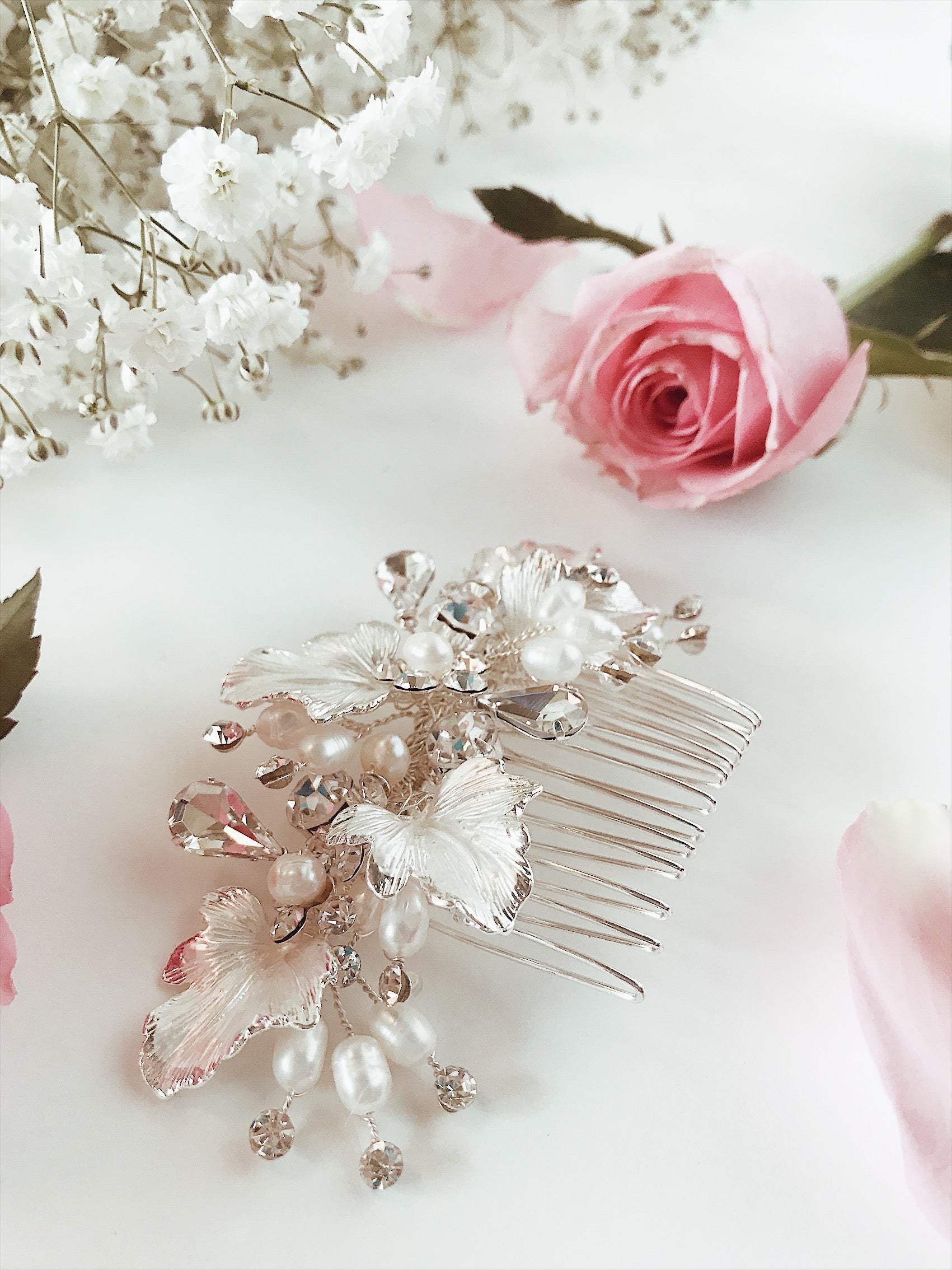 Lauren Elaine Bridal Curated Accessories Collection "Dewdrop" hair comb with silver painted leaves, pave crystals, and freshwater pearl accents