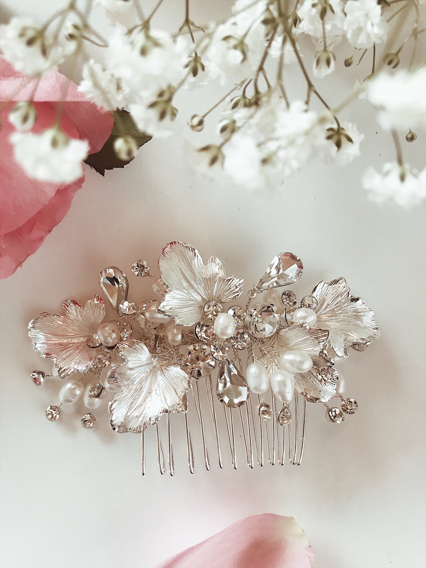 Lauren Elaine "Dewdrop" bridal hair comb with hand painted gold, silver, or rose gold leaves, and pave crystals with freshwater pearl accents