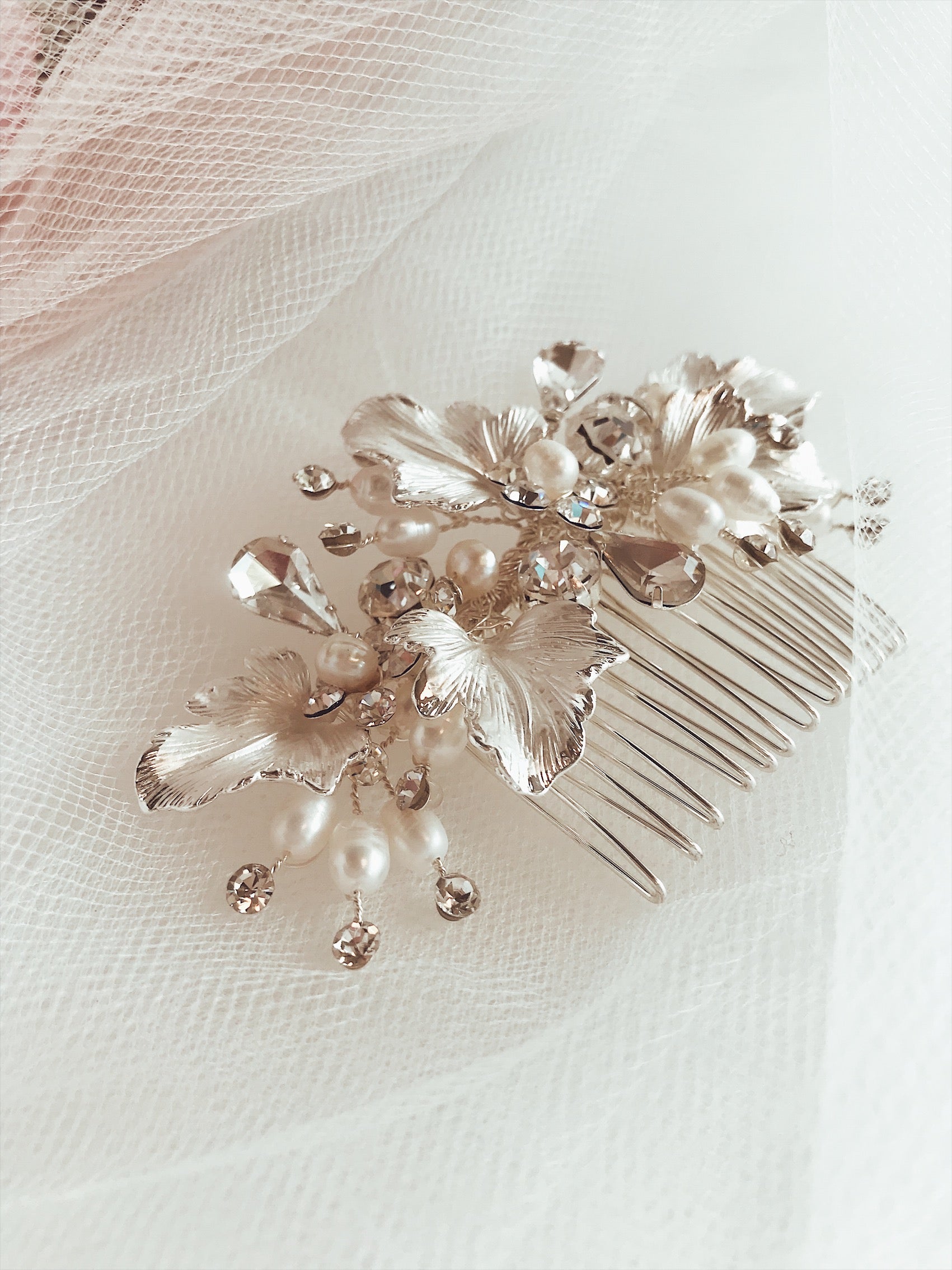 Lauren Elaine Bridal "Dewdrop" wedding hair in silver, gold, and rose gold with pave crystals and freshwater pearls