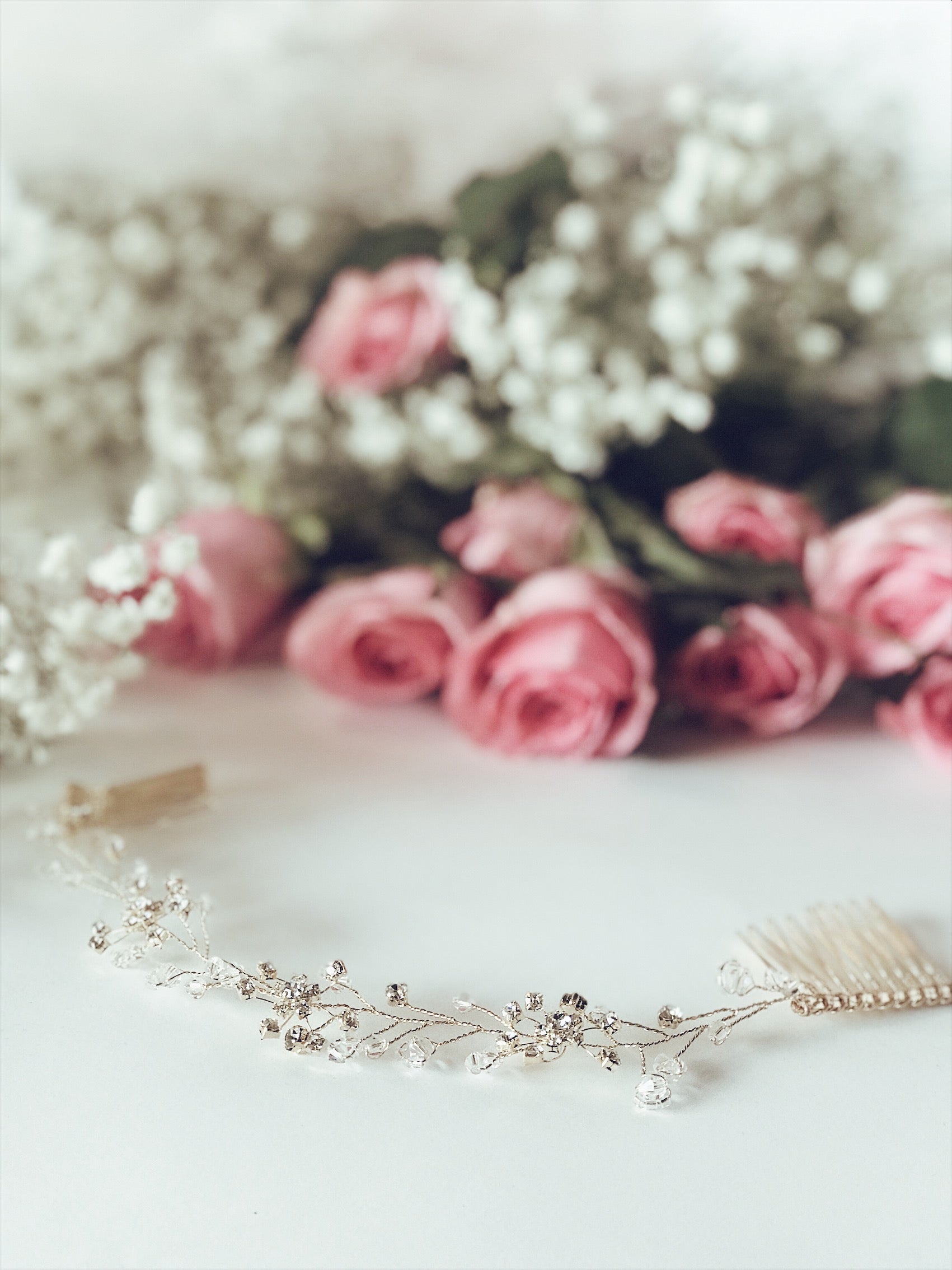 Details of the "Laurel" hair vine and tiara flower crown from Lauren Elaine Bridal Accessories