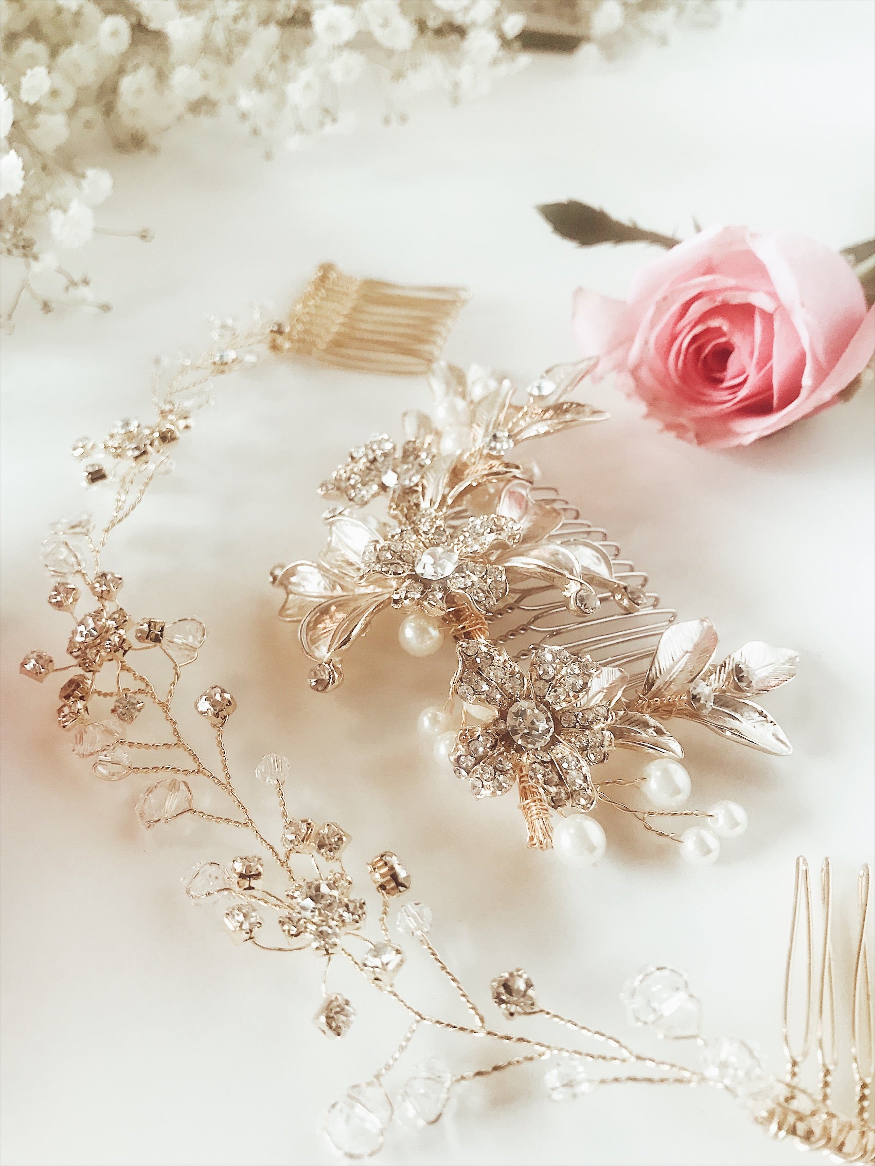 Swarovski crystal and gold floral hair vine tiara from the Lauren Elaine curated accessories collections for weddings
