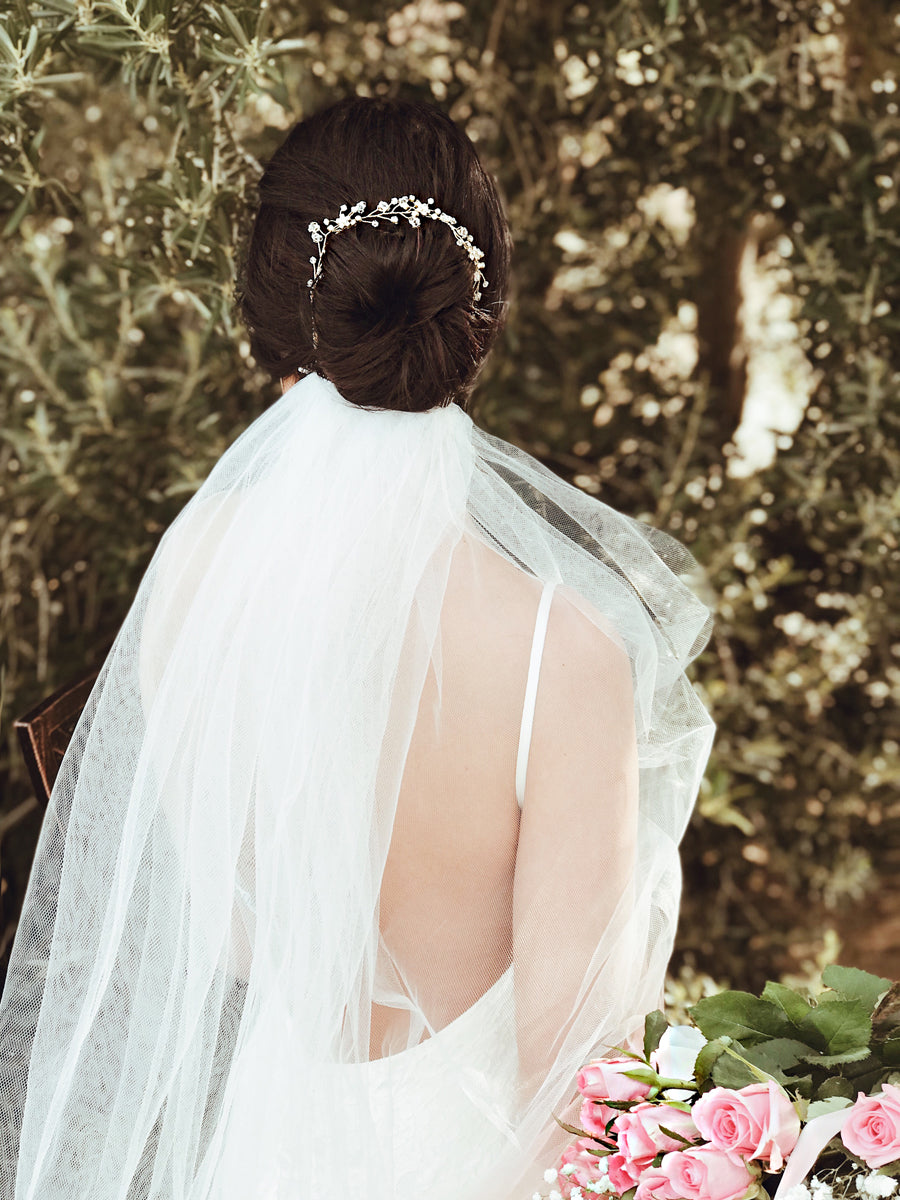 The "Laurel" wedding hair vine paired with veil from Lauren Elaine Bridal Accessories