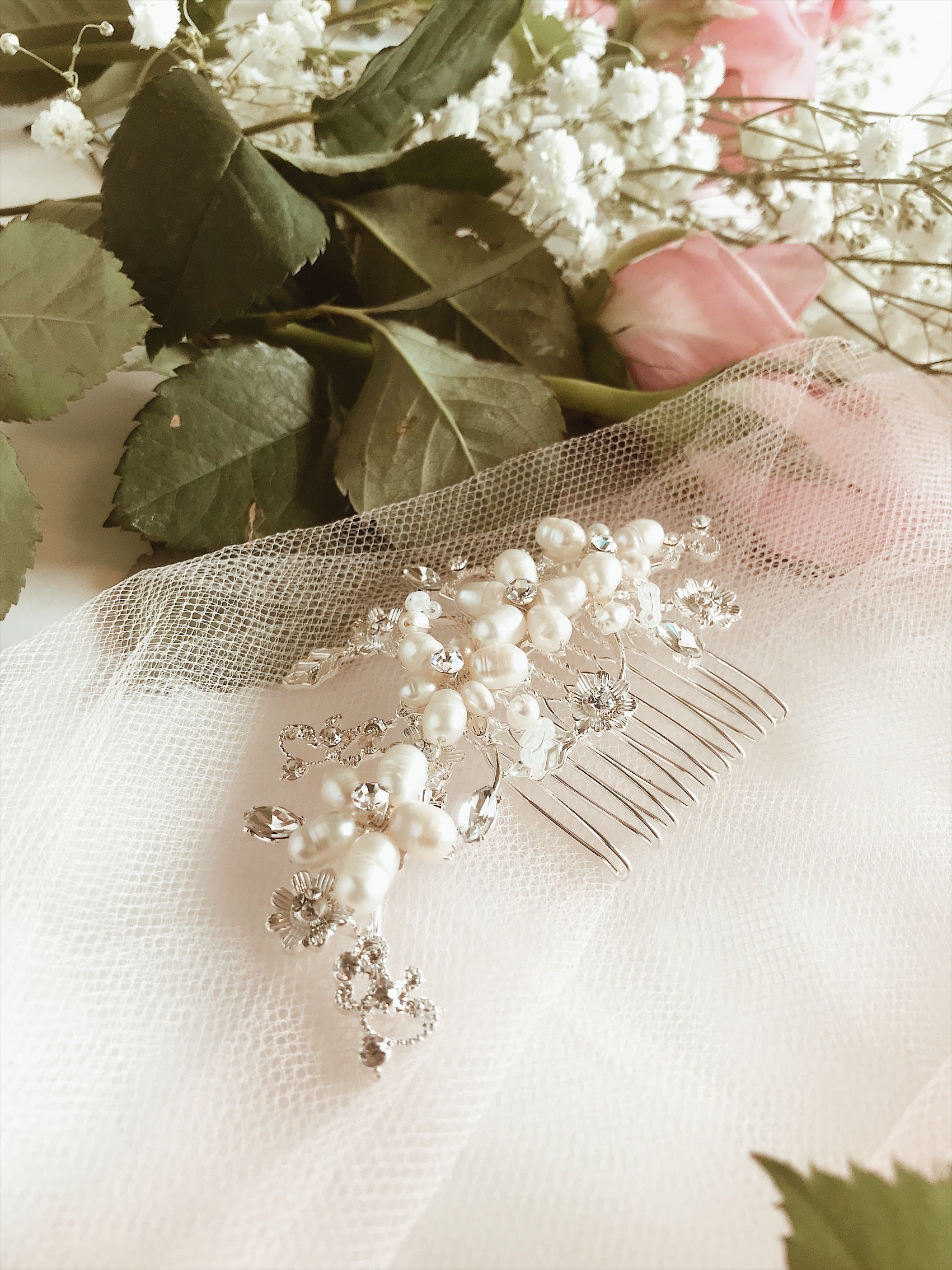 Lauren Elaine "Lilac" bridal hair comb with freshwater pearl and floral crystal detailing