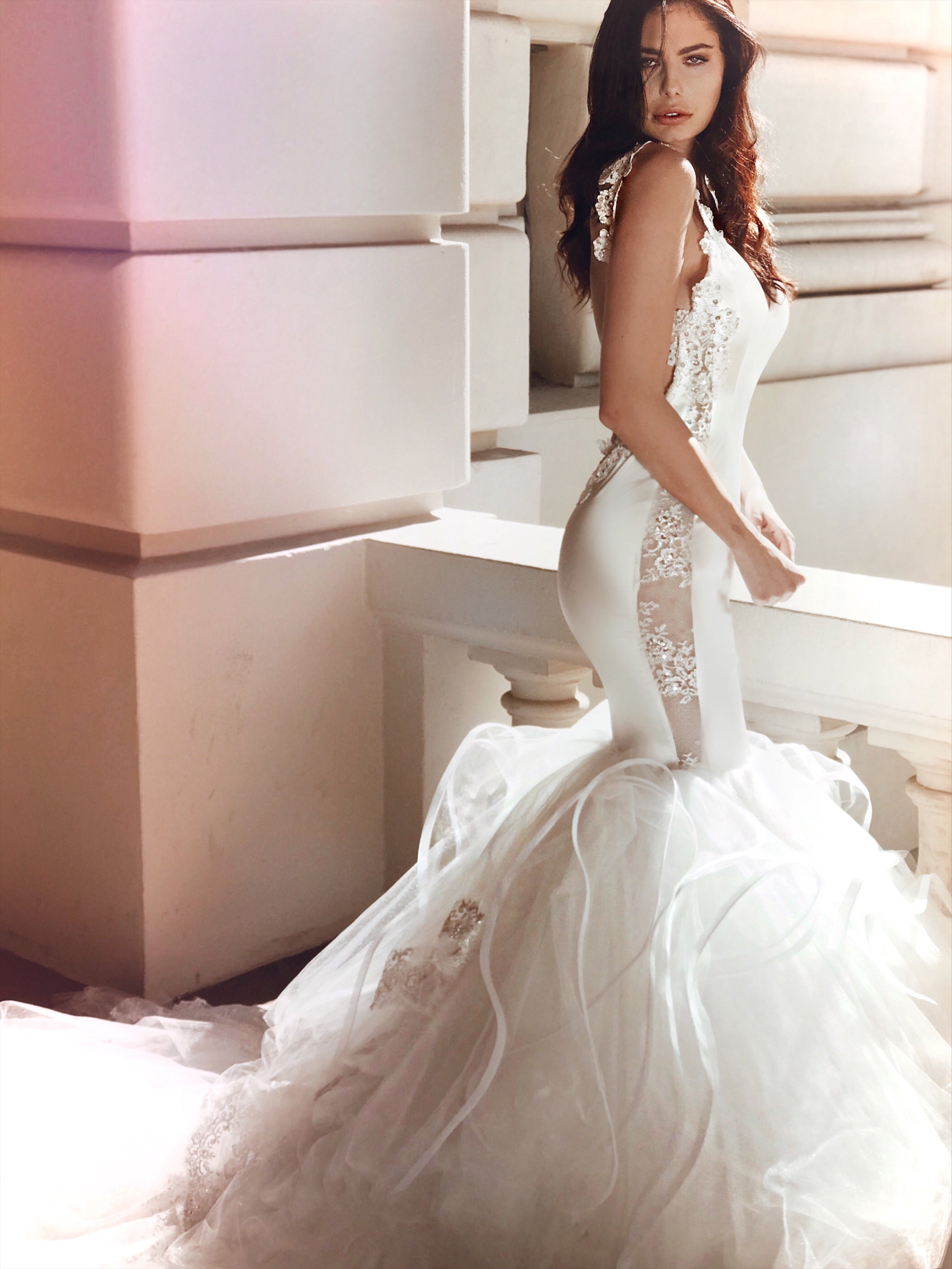 See through lace and satin illusion mermaid wedding dress by Lauren Elaine Bridal