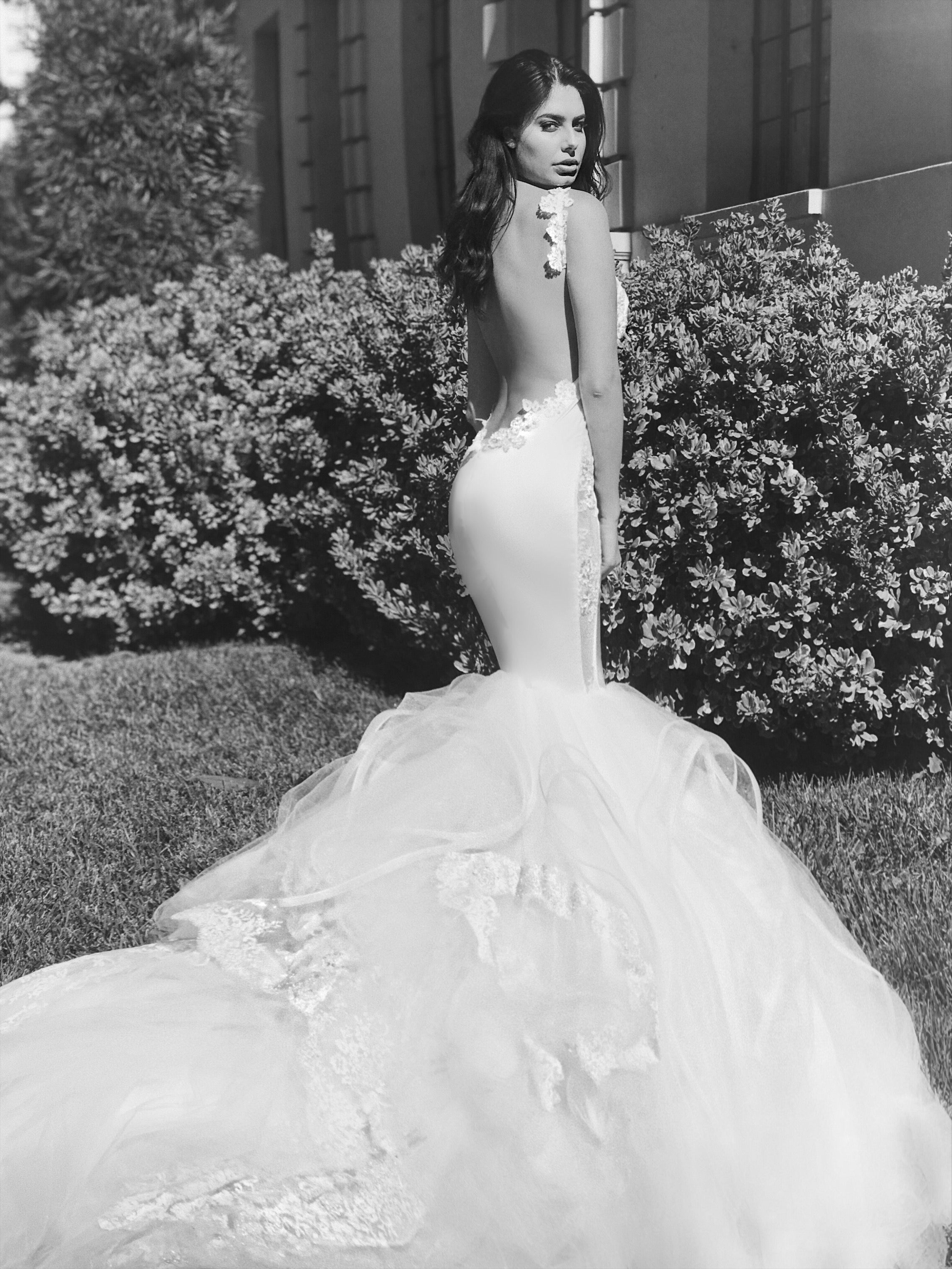 Backless tulle and satin mermaid wedding dresses by Lauren Elaine Bridal of Los Angeles