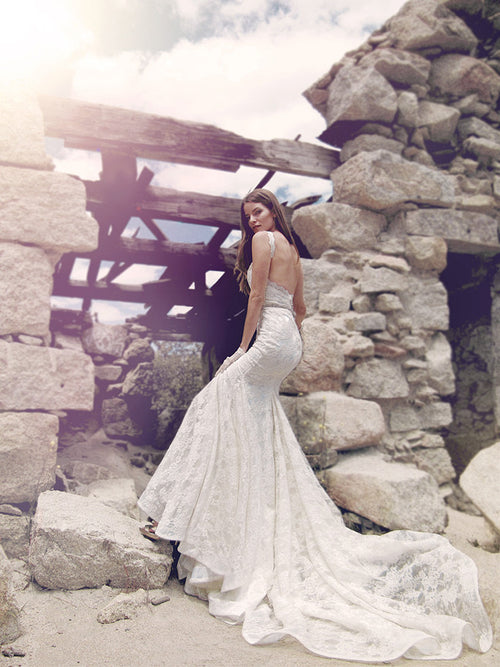 Verona wedding gown by Lauren Elaine with Cathedral length train pictured