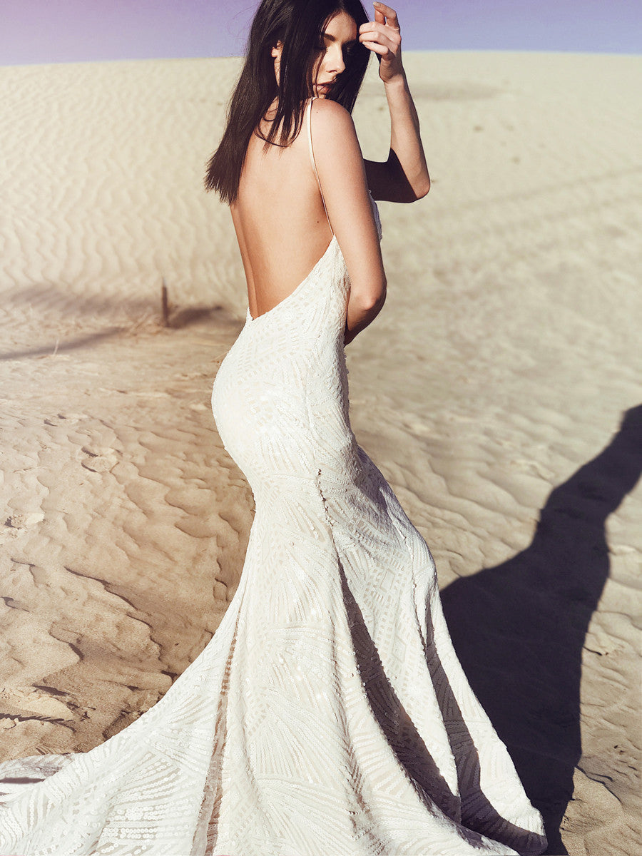 "Prism" backless sequin wedding dress with cathedral train and spaghetti straps