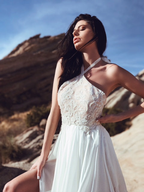 Lauren Elaine "Zephyr" halter a-line wedding dress with bead and pearl detailing and high slit chiffon skirt with train