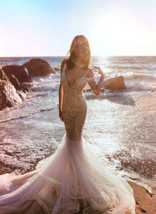 Lauren Elaine Lustra Beaded Illusion Sparkle Deep-V Wedding Dress 