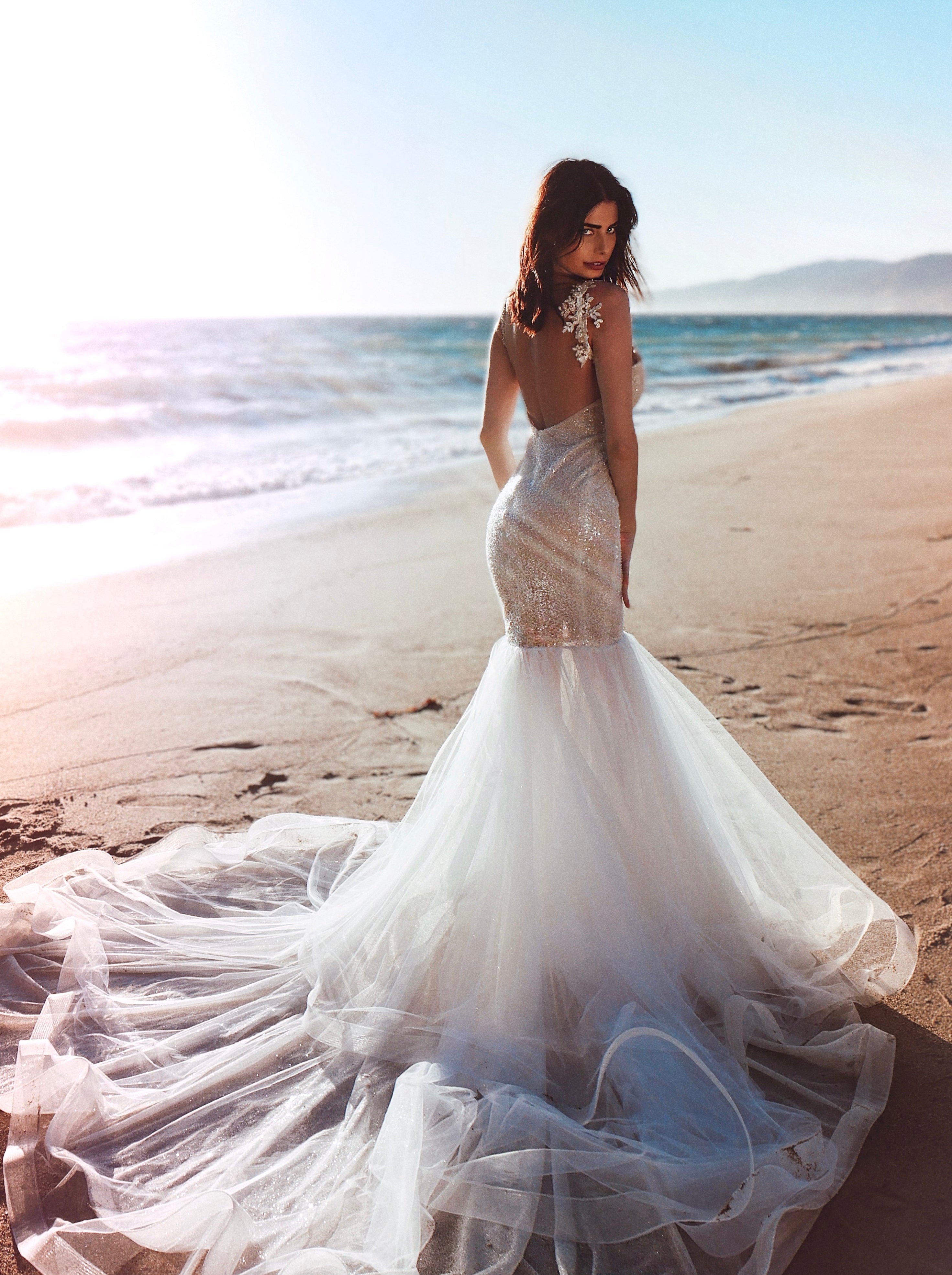 Lauren Elaine Lustra Beaded Illusion Sparkle Deep-V Mermaid Wedding Dress 
