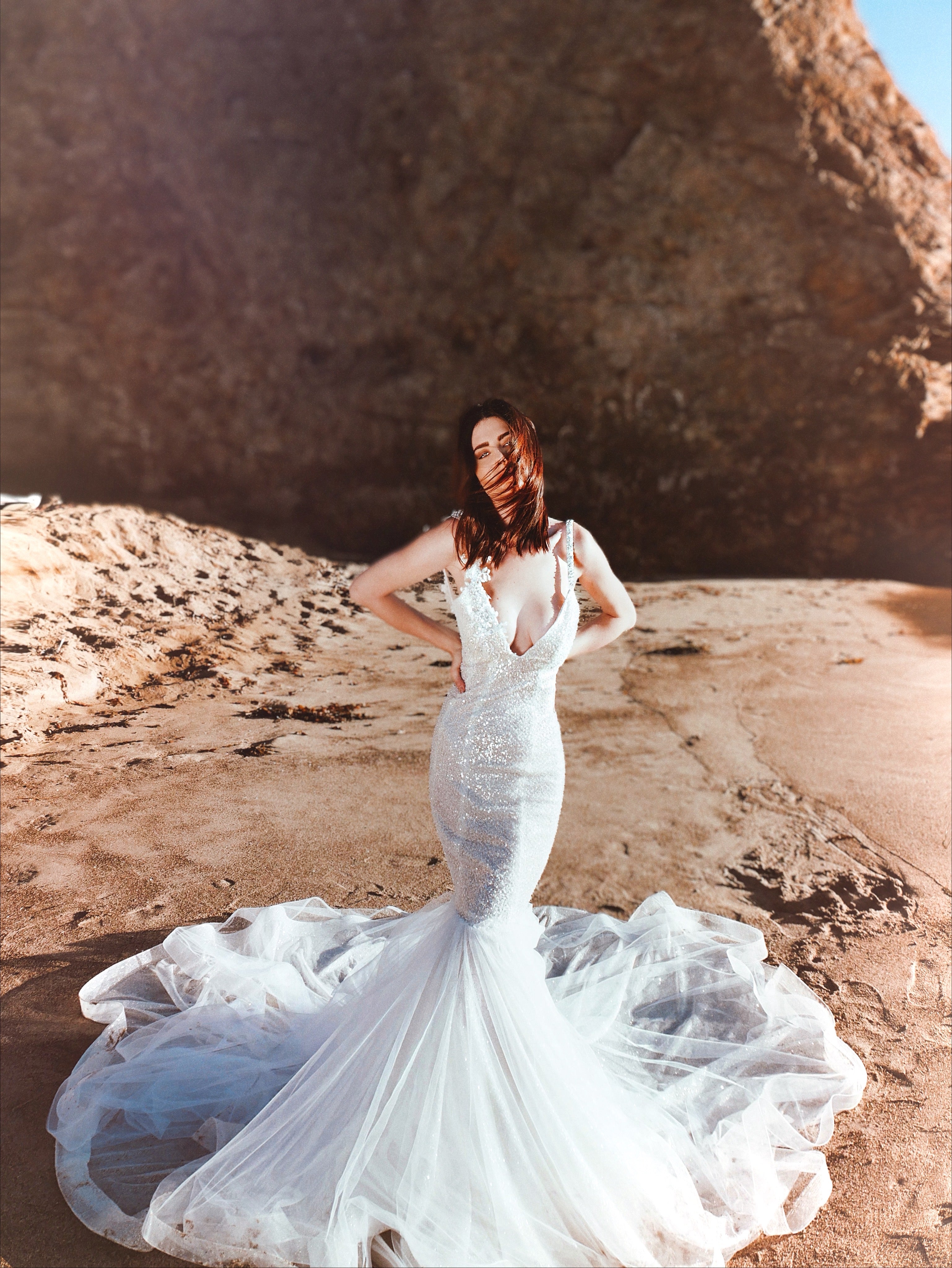 Lauren Elaine Lustra Mermaid Beaded Illusion Sparkle Deep-V Wedding Dress 