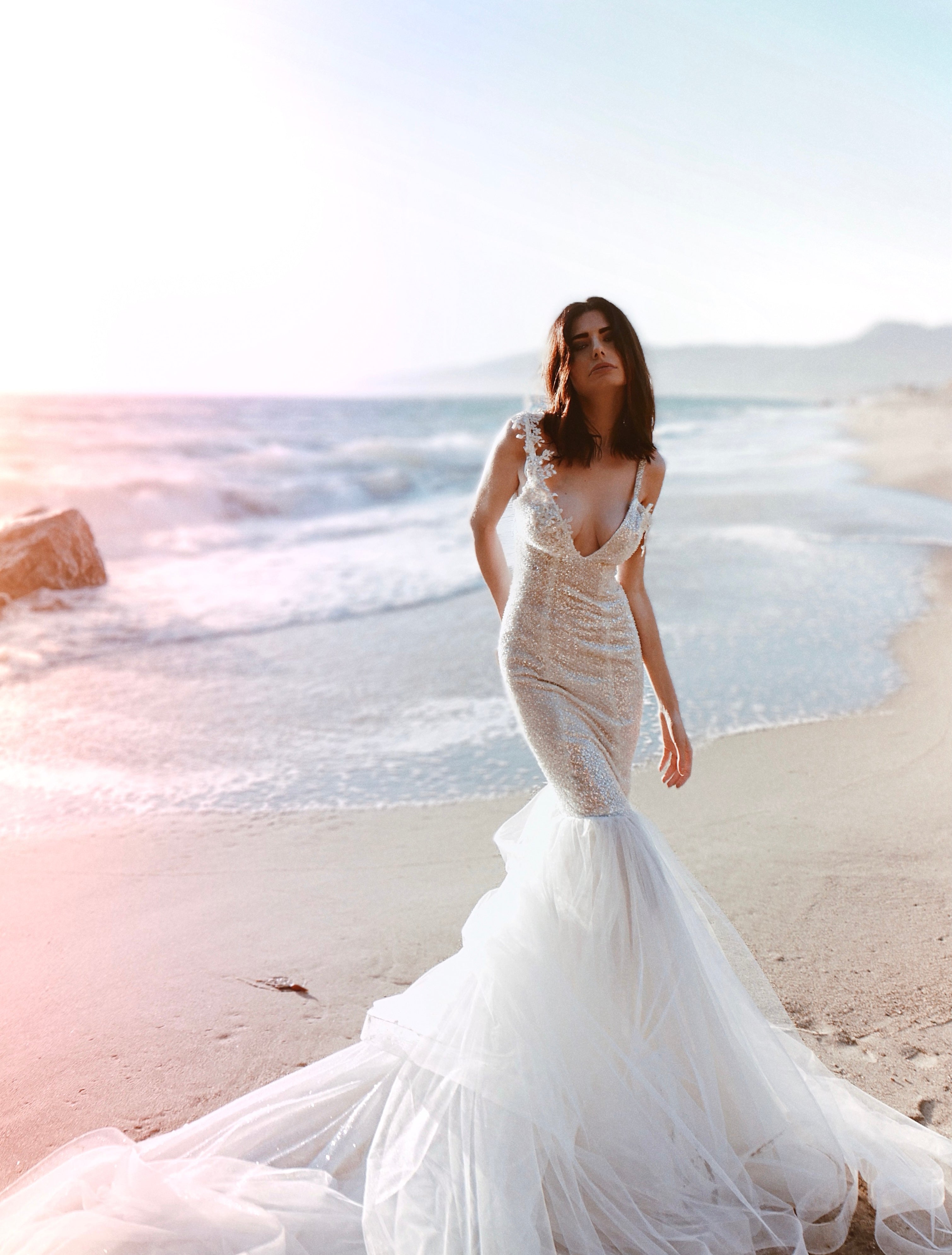 Lauren Elaine Lustra Beach Illusion Sparkle Deep-V Wedding Dress 