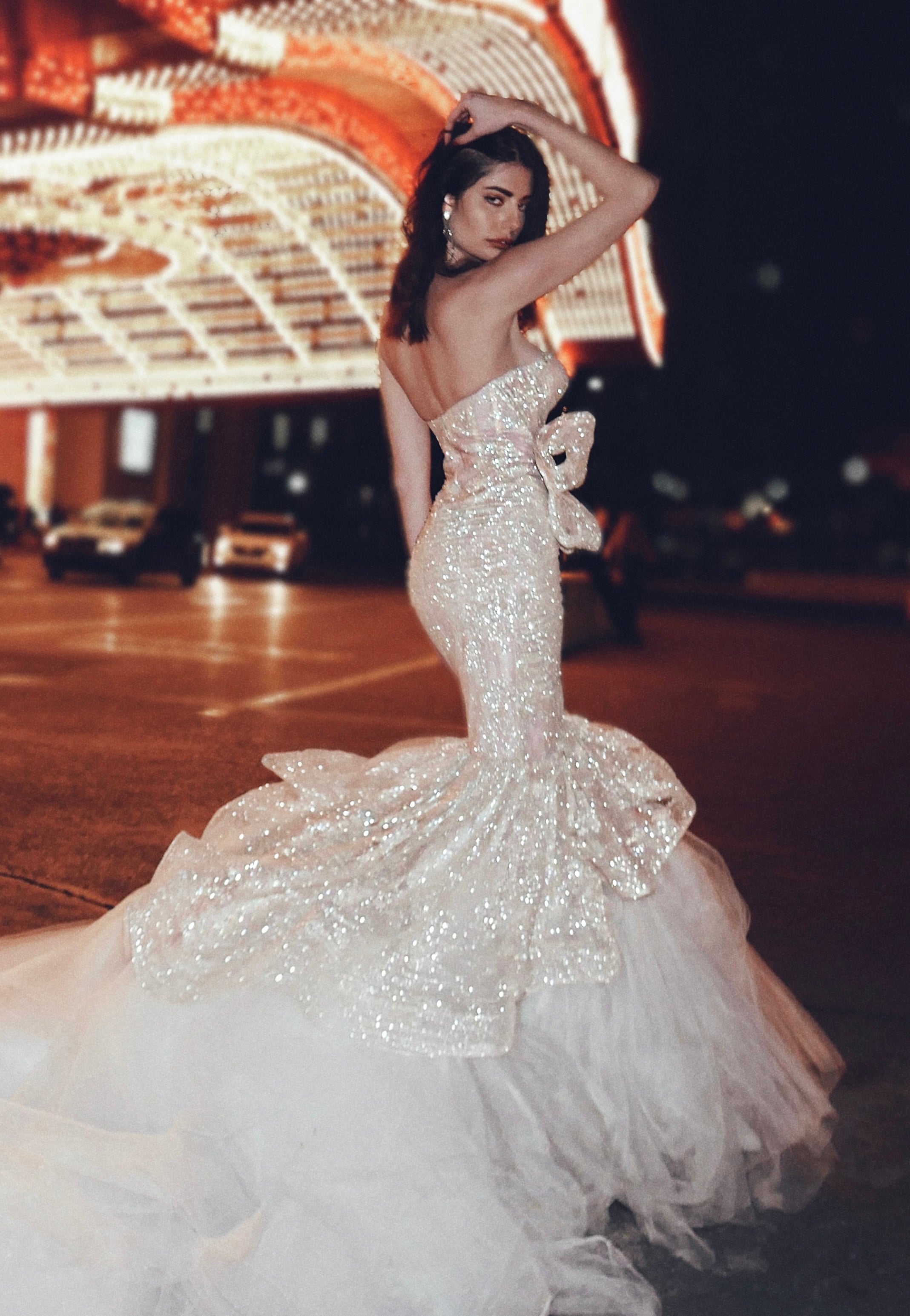 Lauren Elaine Siren glitter bow mermaid corset wedding dress.