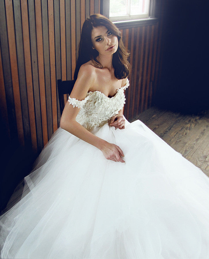 Off the shoulder lace and tulle ball gown. 3D lace. Illusion wedding dress.
