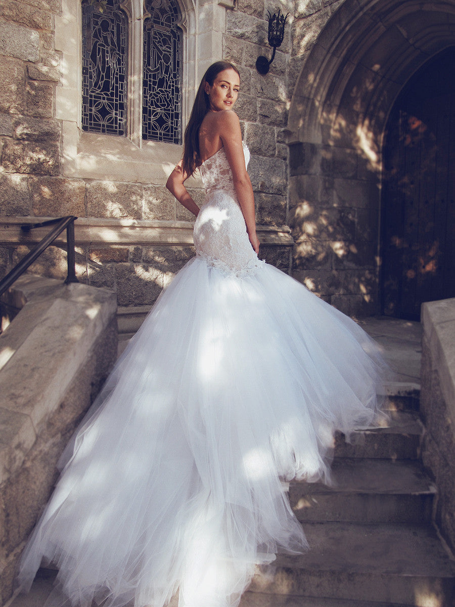 pallas wedding gown by designer lauren elaine cathedral train illusion backless mermaid