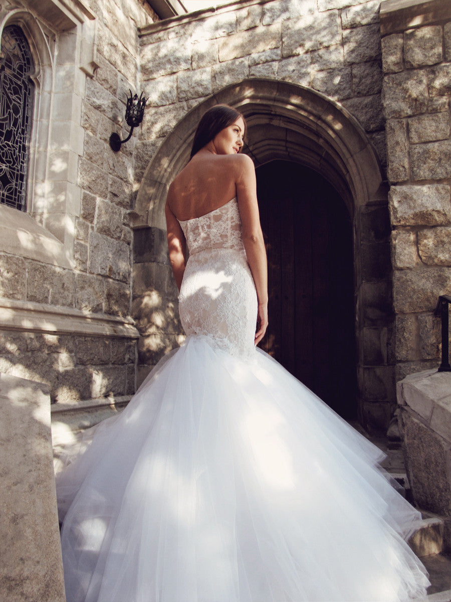 pallas backless mermaid wedding gown cathedral tulle train french corded lace by designer lauren elaine