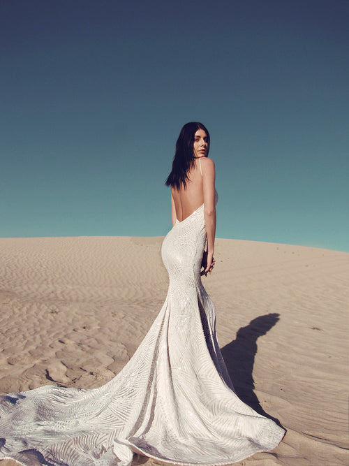 Sequin backless mermaid wedding gown wedding dress sexy form fit lauren elaine prism gown