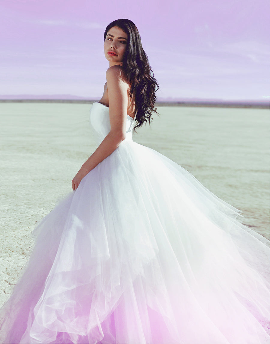 Ultra-violet colored ombré tulle wedding dress with satin sweetheart bodice by Lauren Elaine Bridal Los Angeles.