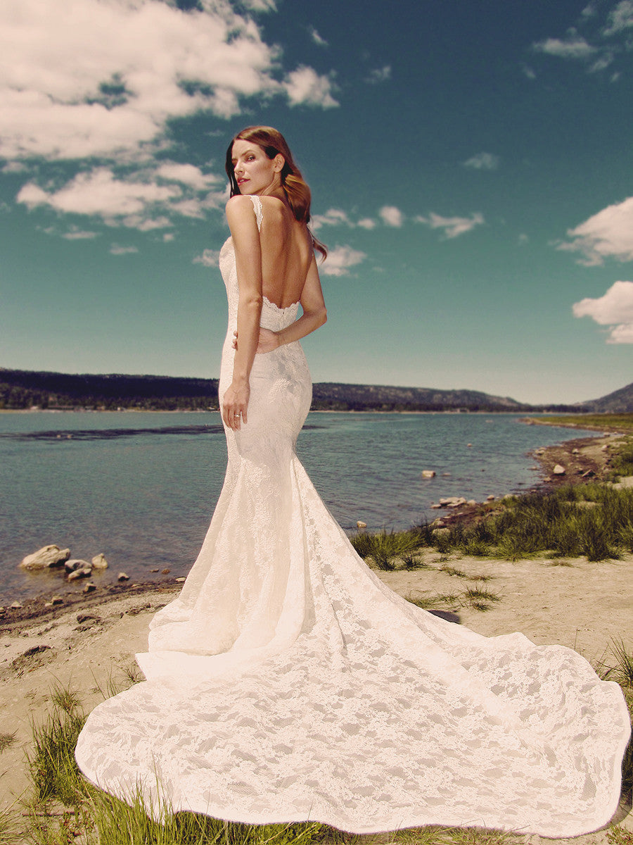 Backless lace mermaid wedding gown by Lauren Elaine Bridal