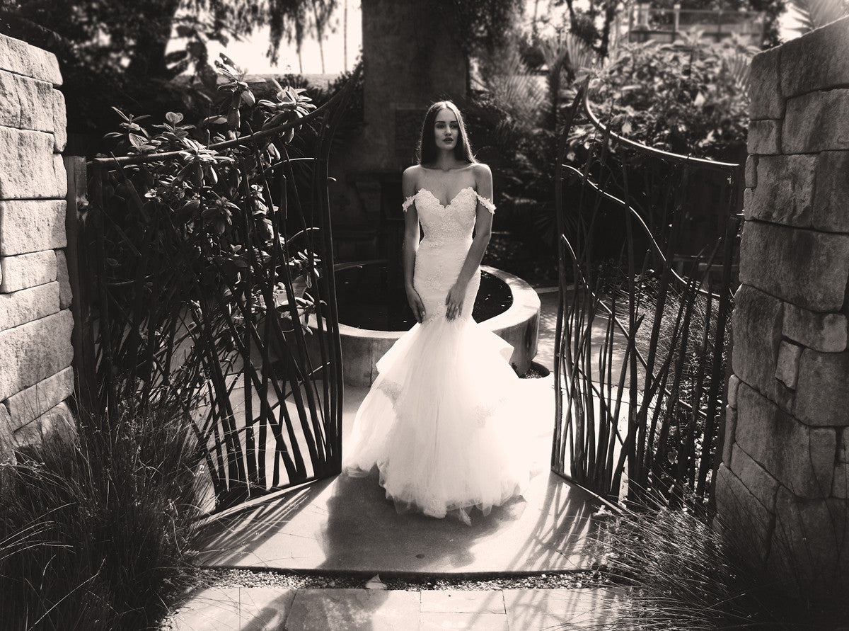 fairytale off-the-shoulder mermaid wedding gown bridal dress capella by lauren elaine