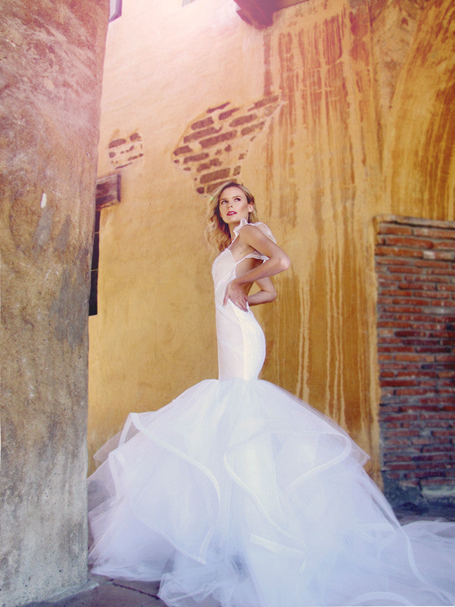 Vivianna by Lauren Elaine Bridal. Mermaid wedding gown with cathedral train.