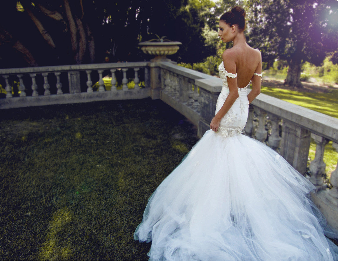 Backless tulle and lace illusion bridal gown by Lauren Elaine Bridal. Mermaid wedding gown.