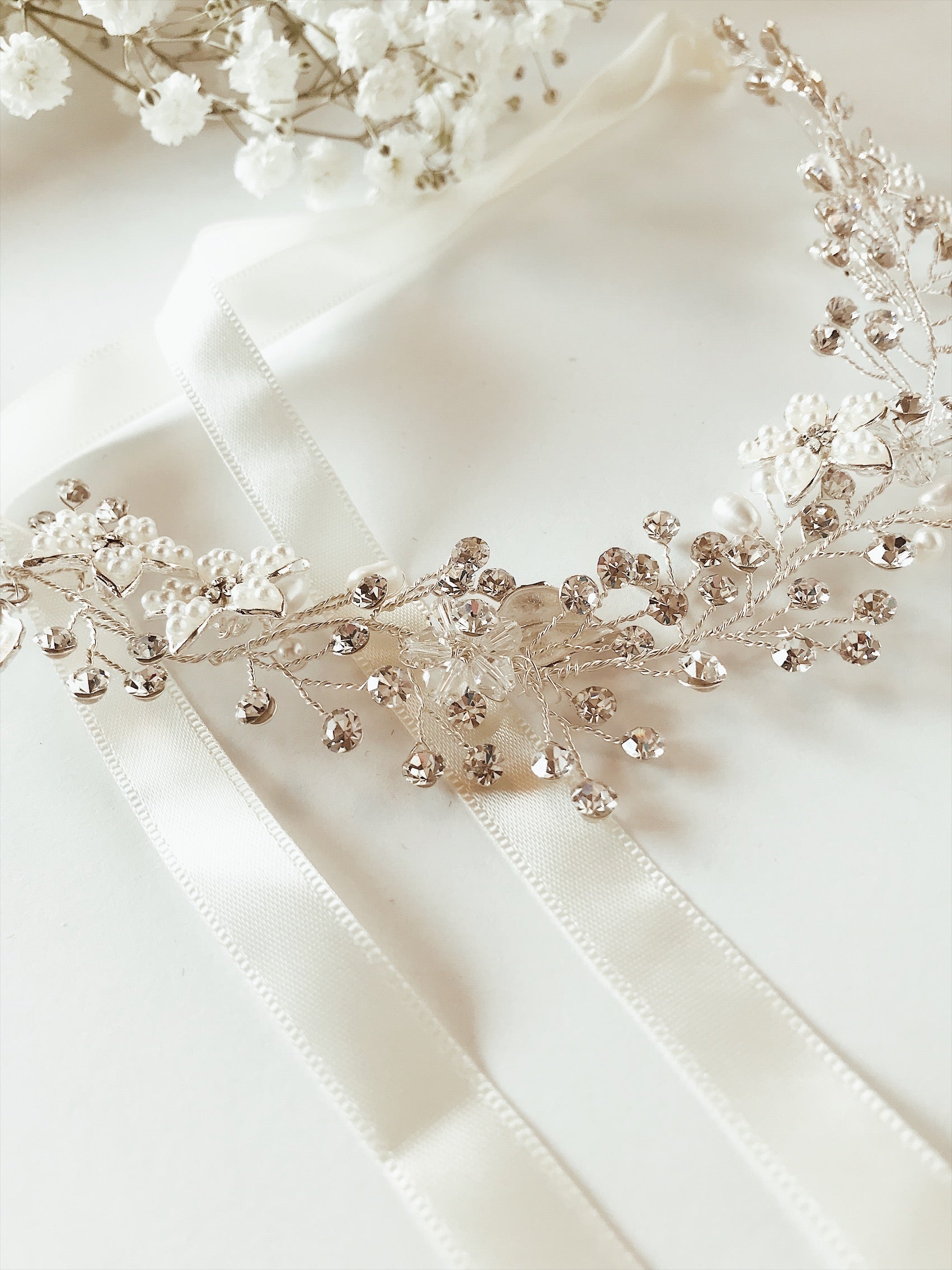Pearl and crystal silver bridal hair vine and wedding flower crown from Lauren Elaine Accessories
