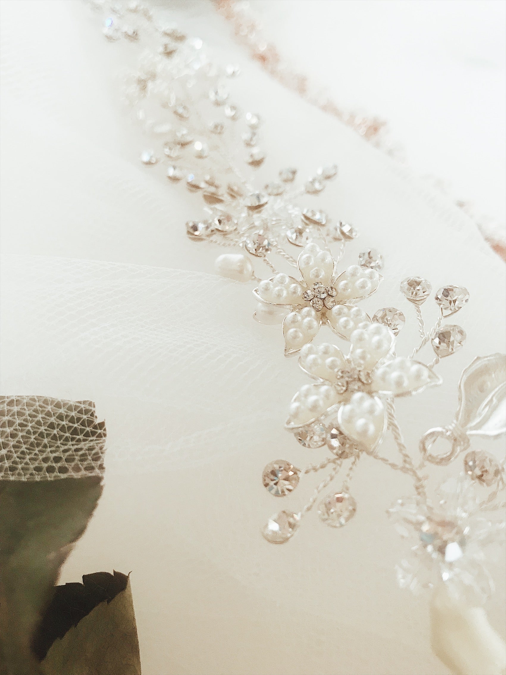 Details of the Lauren Elaine "Verbena" crystal and pearl bridal hair vine and bridal flower crown