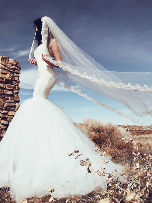 Romantic lace mermaid wedding dress with sweetheart neckline and lace spaghetti straps